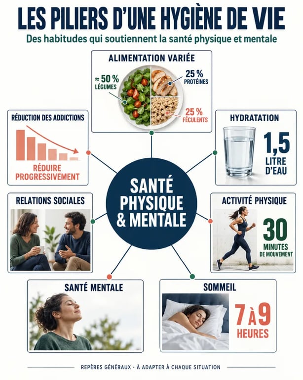 Infographie sur les piliers de l’hygiène de vie et les repères quotidiens de santé