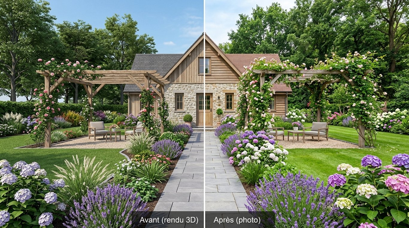 Rendu 3D du patio Zen avant travaux, avec éléments minéraux et végétation structurante.