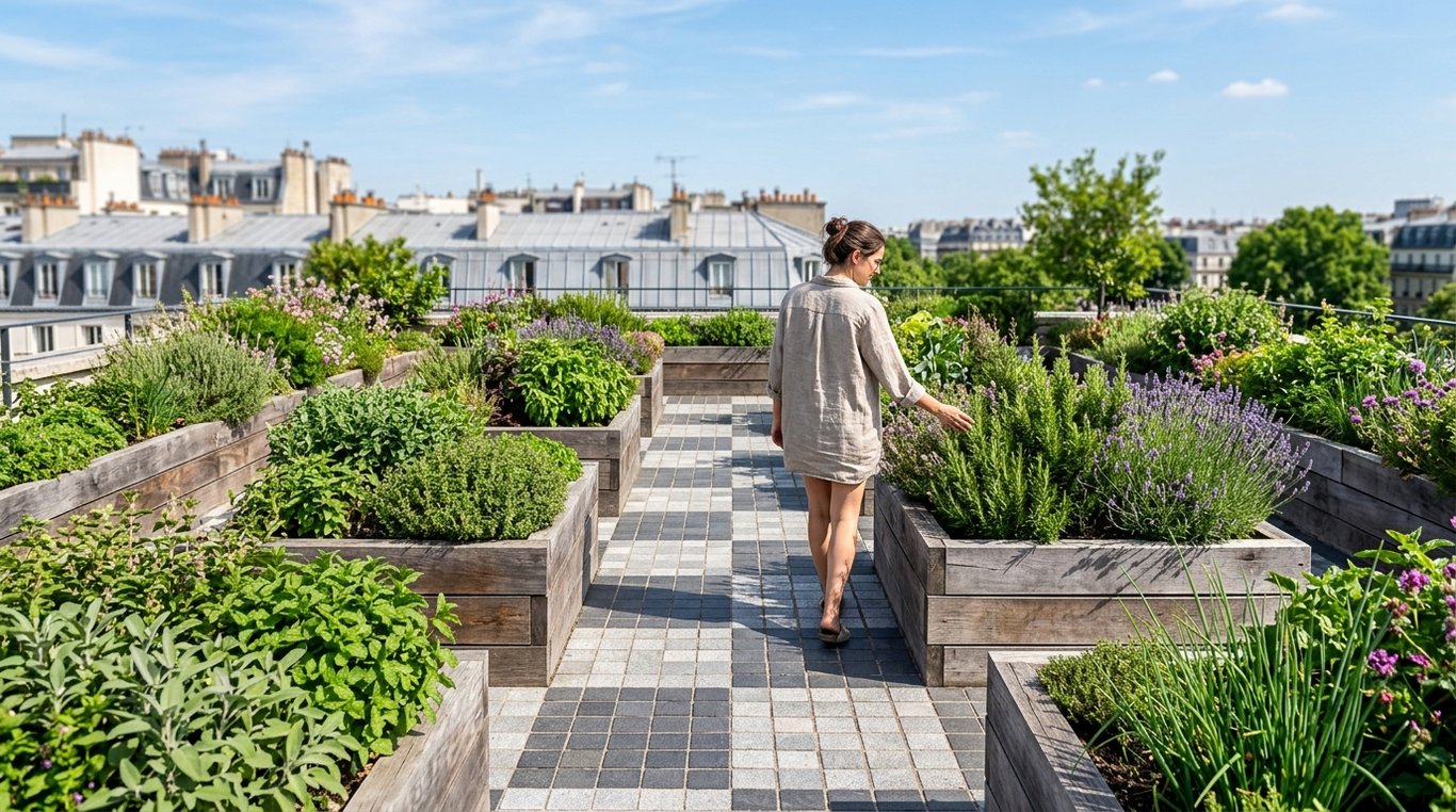 Terrasse urbaine avec bacs en damier remplis de lavande, graminées et petits arbustes.