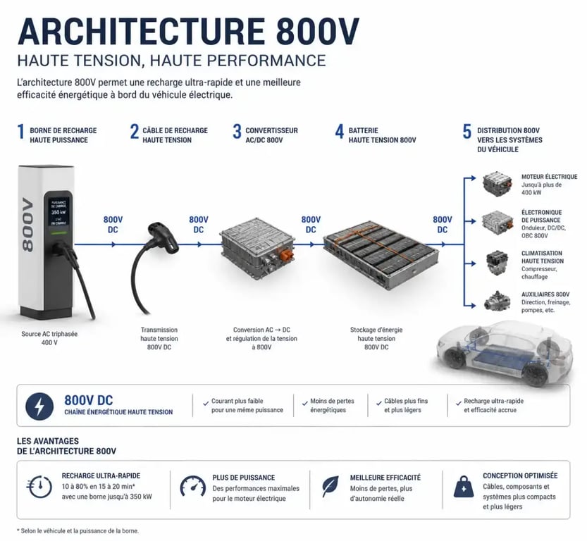 Schéma technique de l'architecture 800V pour recharge ultra-rapide
