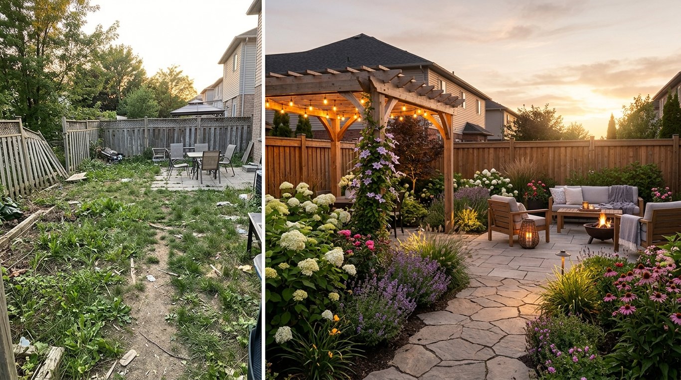 Parterre contemporain au coucher du soleil avec graminées et éclairage discret