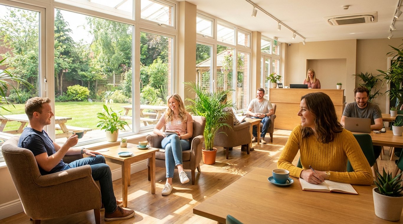 Note manuscrite sur papier recyclé à côté d'une petite plante pilea dans un pot en terre cuite, éclairage doux et chaleureux