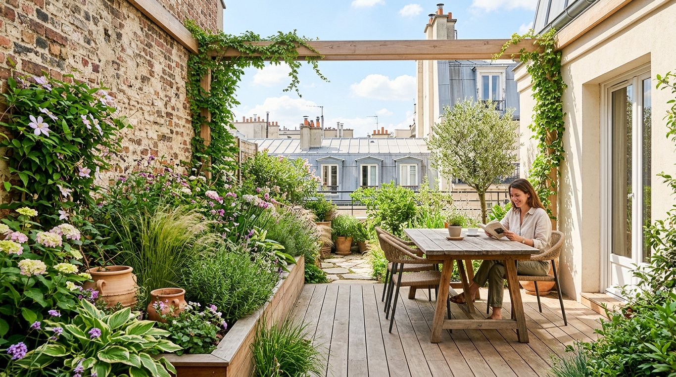 Jardin de ville luxuriant : végétation structurée et ambiance lumineuse.