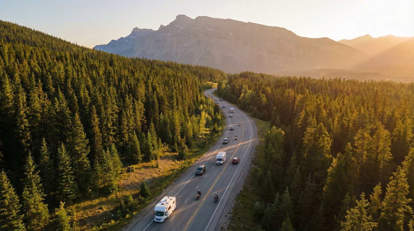 Vue panoramique route de montagne au coucher du soleil