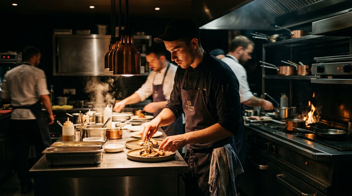 Chef souriant en tablier blanc dans une cuisine moderne, prêt à cuisiner