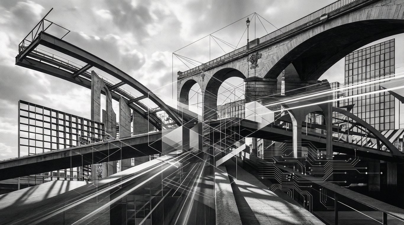 Composition abstraite et architecturale évoquant la structure de données