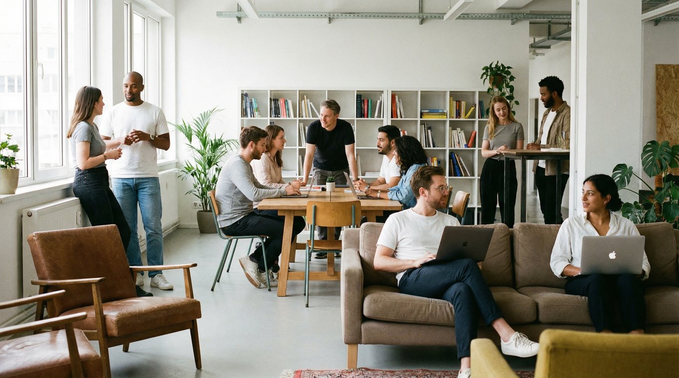 Espace de bureau minimaliste avec mobilier design suisse, ordonné et lumineux