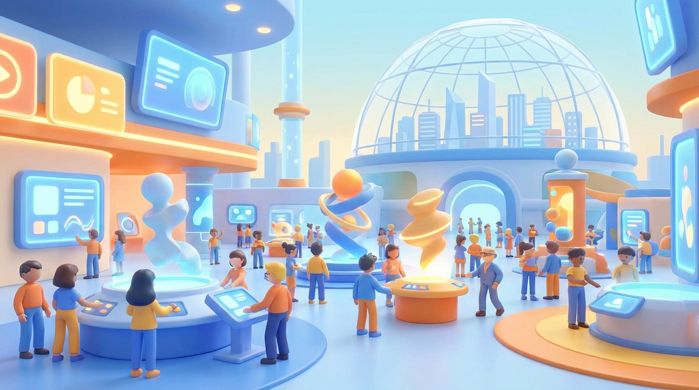 Affiche stylisée d’un ticket d’exposition en rendu 3D, texture papier haut de gamme, couleurs douces