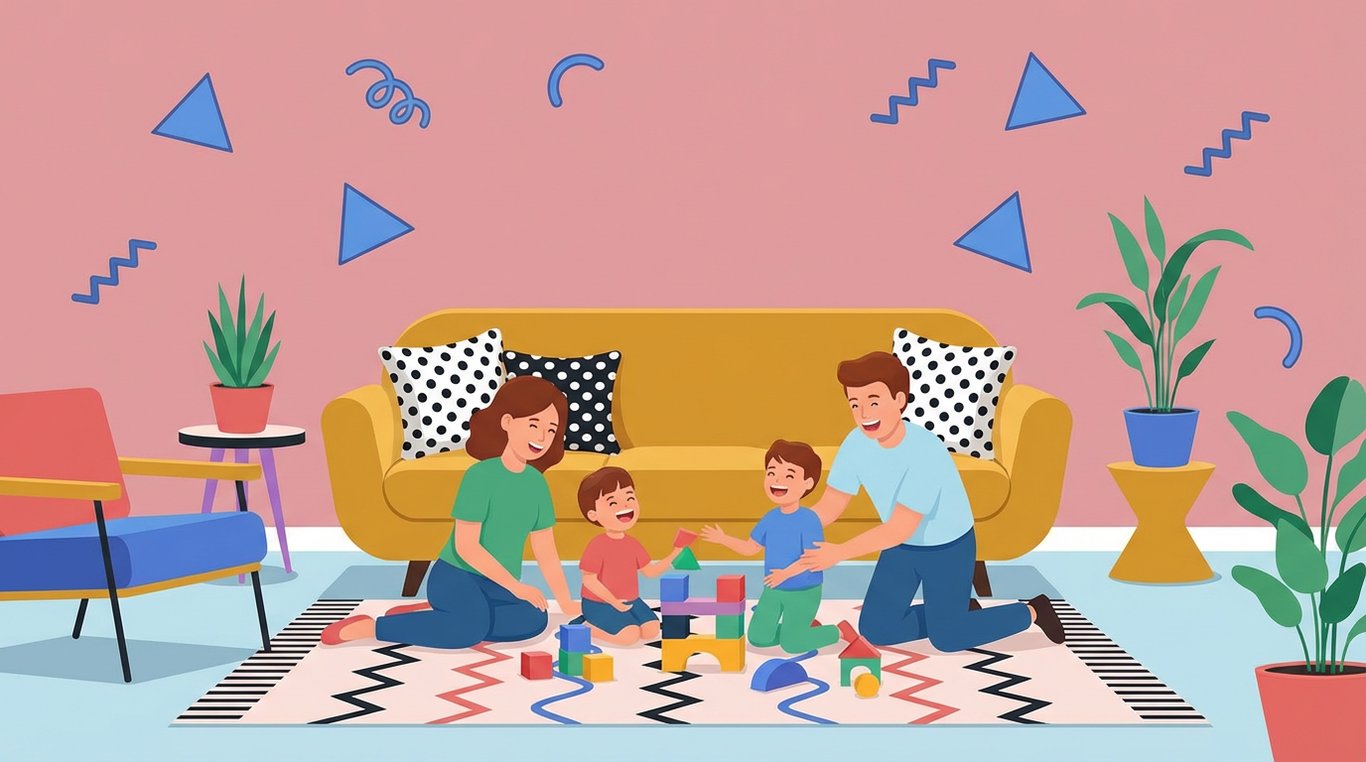 Salon familial moderne style Memphis avec canapé jaune et formes géométriques