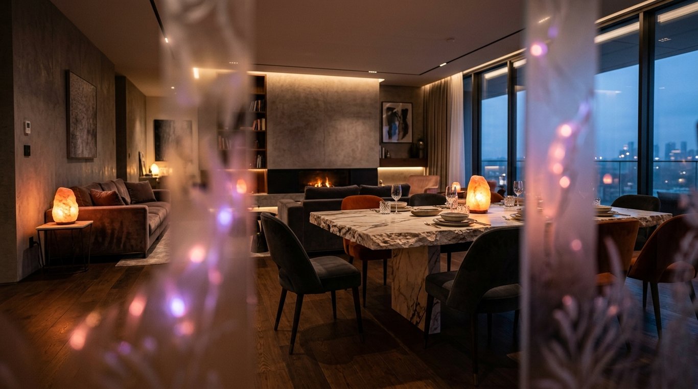 Intérieur luxueux avec table en marbre et lampes en sel