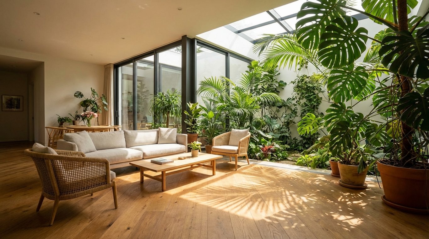 Salon moderne ouvert sur un jardin intérieur luxuriant