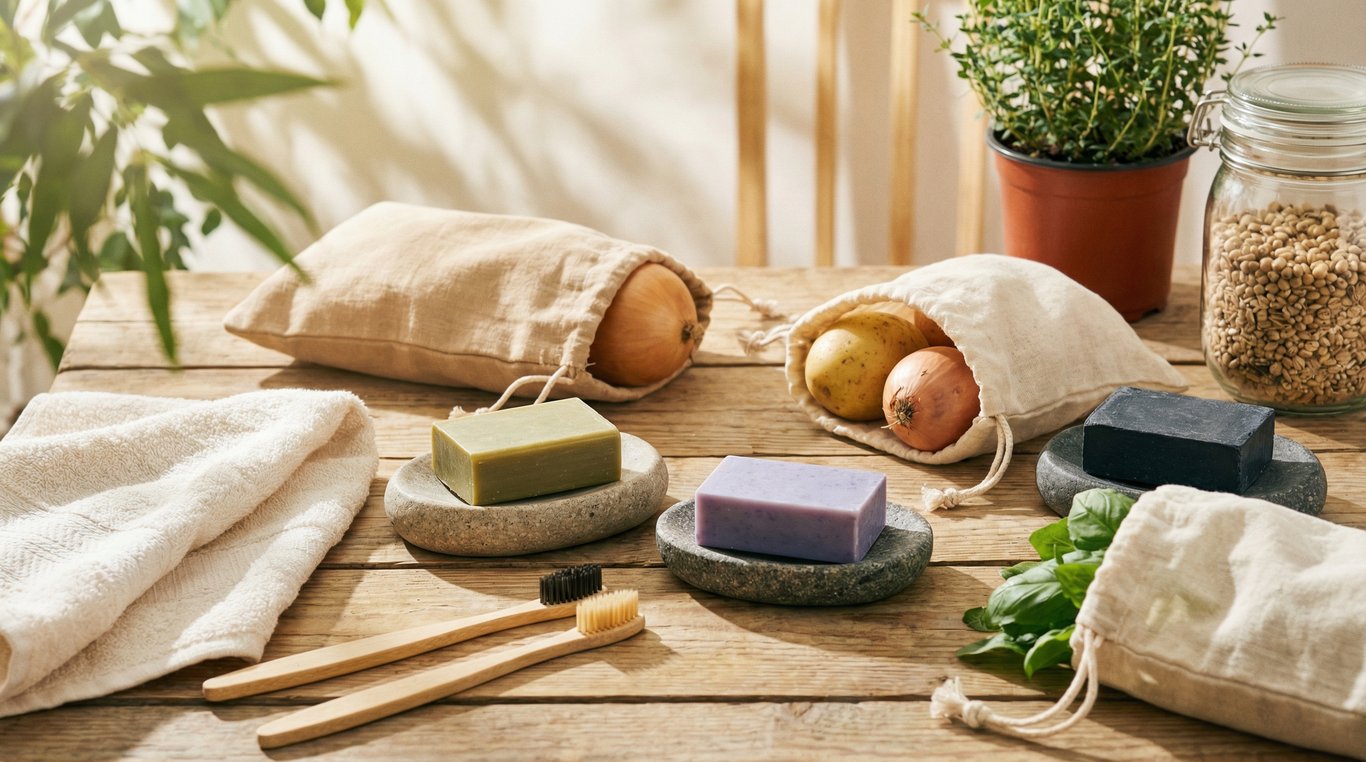 Composition lumineuse de produits éco-responsables sur une table en bois