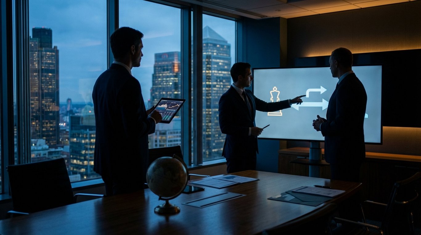 Équipe de professionnels en costume discutant autour d'une table en verre avec documents graphiques