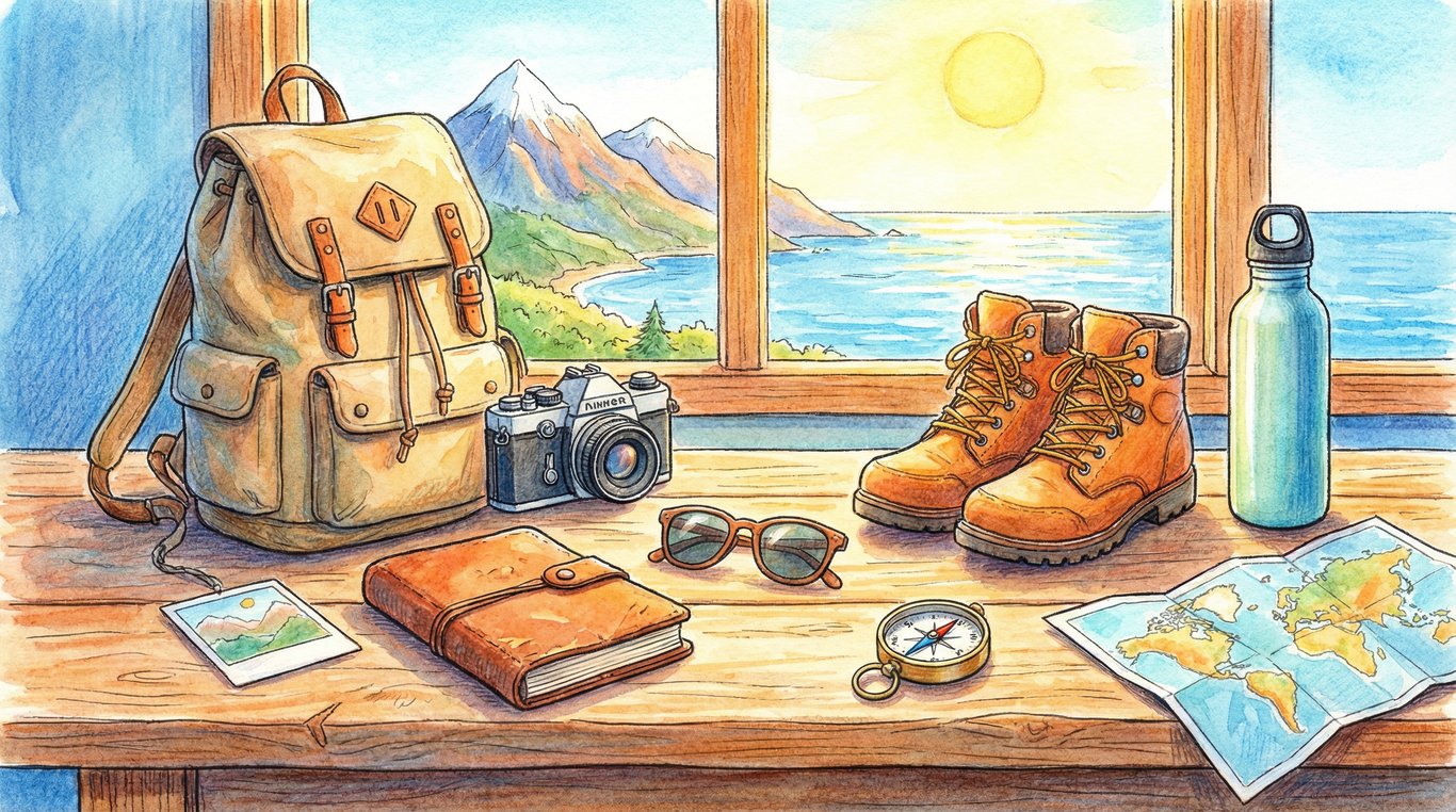 Illustration en flat lay de matériel artistique : palettes d'aquarelle, stylos et carnet sur une surface en bois rustique