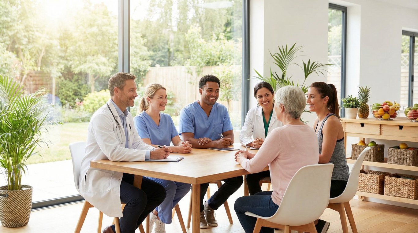 Composition montrant des outils médicaux modernes posés à côté d'une assiette équilibrée et colorée