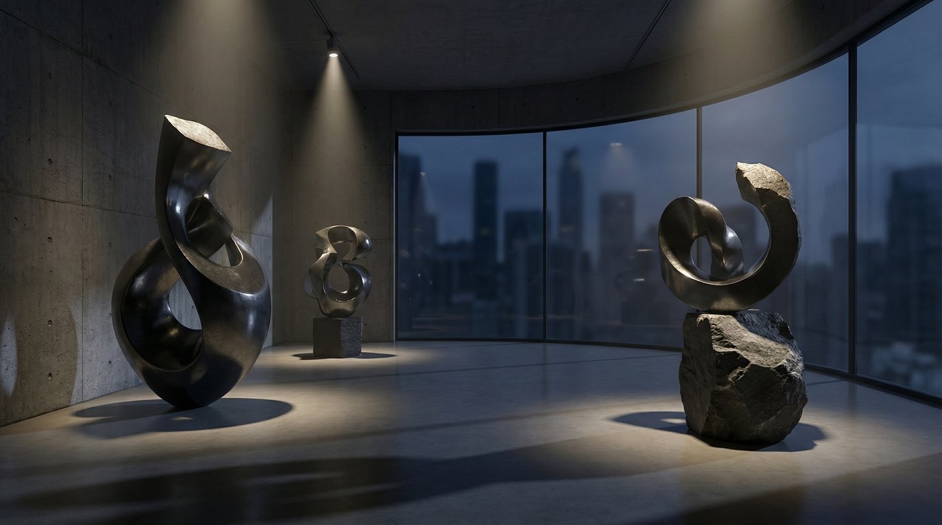 Mapping vidéo abstrait projeté sur une sculpture géométrique noire brillante