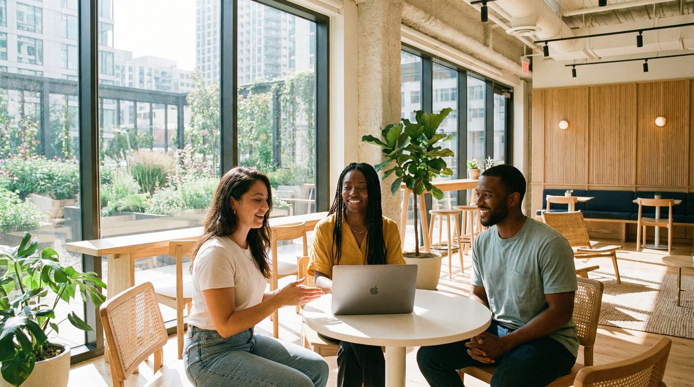 Main image : Main tenant un smartphone affichant l'interface de contrôle de température d'une maison connectée, arrière-plan flou d'un salon confortable