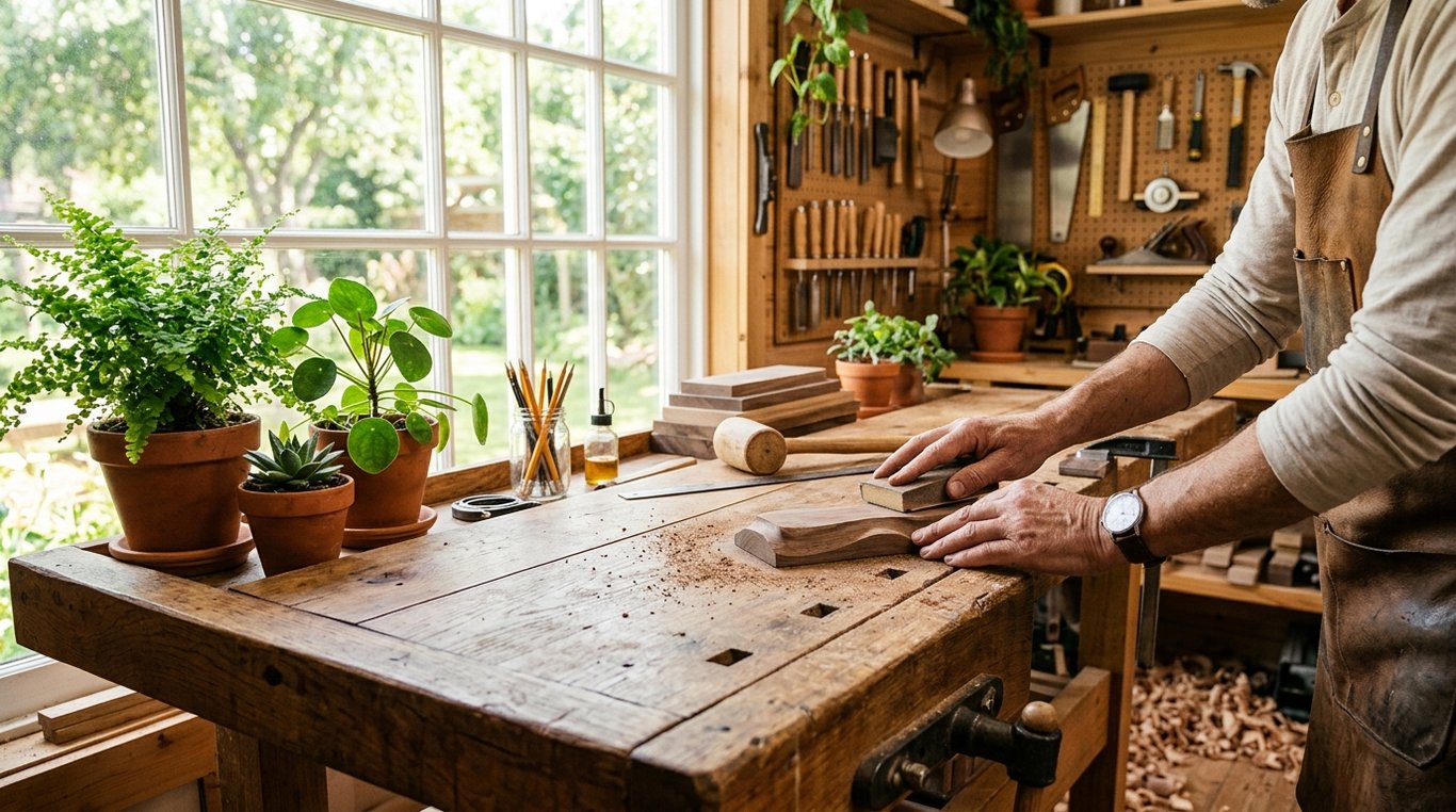 Établi en bois massif organisé avec outils et plantes