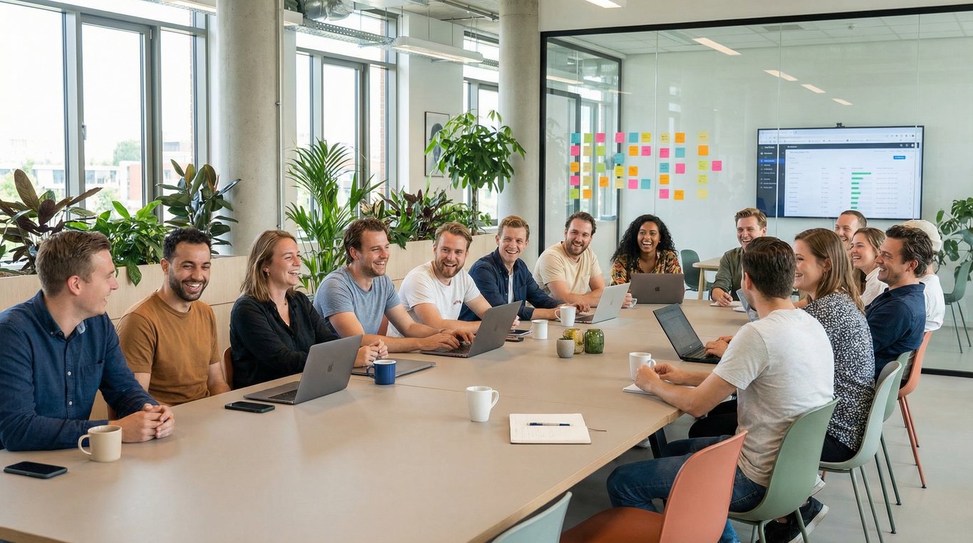 Portrait de groupe d'une équipe diversifiée et souriante de jeunes professionnels financiers dans un espace de coworking lumineux et design.