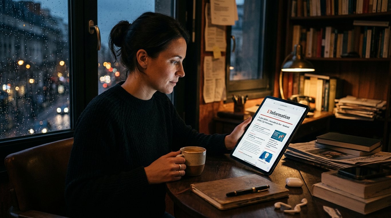 Smartphone affichant un email élégant posé sur un bureau en bois avec une tasse de café fumante, éclairage matinal