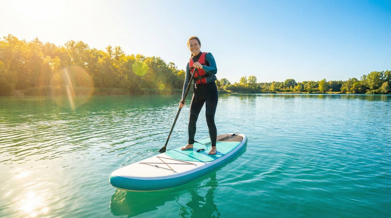 Plan paisible au lever du soleil sur un lac calme, une personne pratiquant le paddle, reflets dorés sur l'eau, atmosphère zen