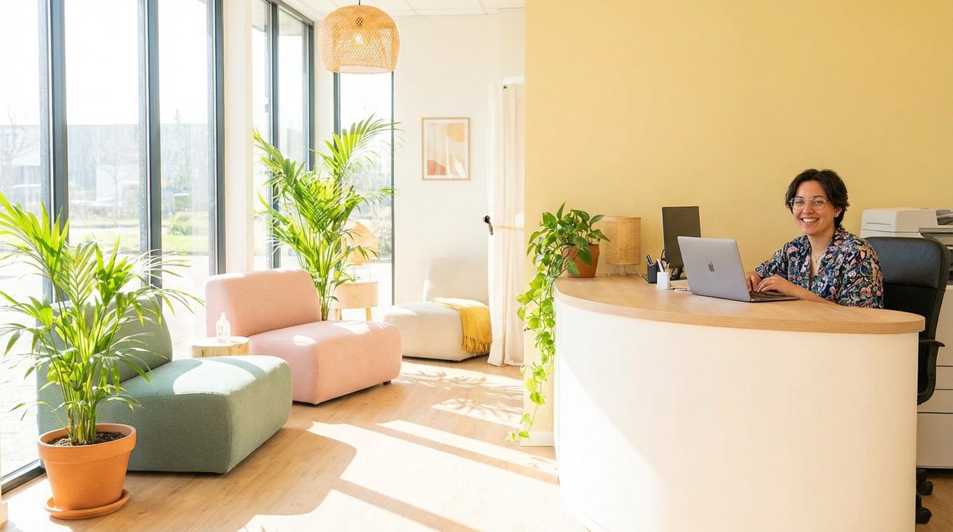 Un smartphone moderne posé sur un bureau en bois clair à côté d'une tasse de café et d'une petite plante succulente, vue de dessus, ambiance lumineuse et accueillante.
