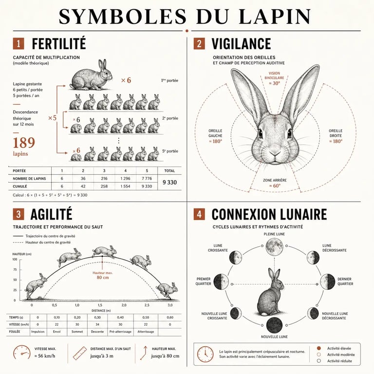 Infographie résumant la signification symbolique du lapin : fertilité, vigilance et intuition