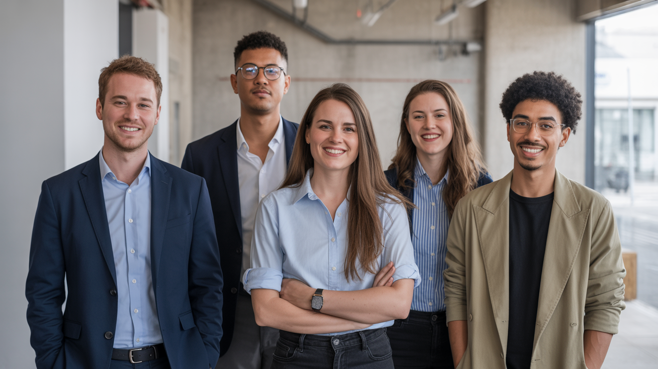 Groupe d'amis souriants en combinaison de surf sur une plage au coucher du soleil