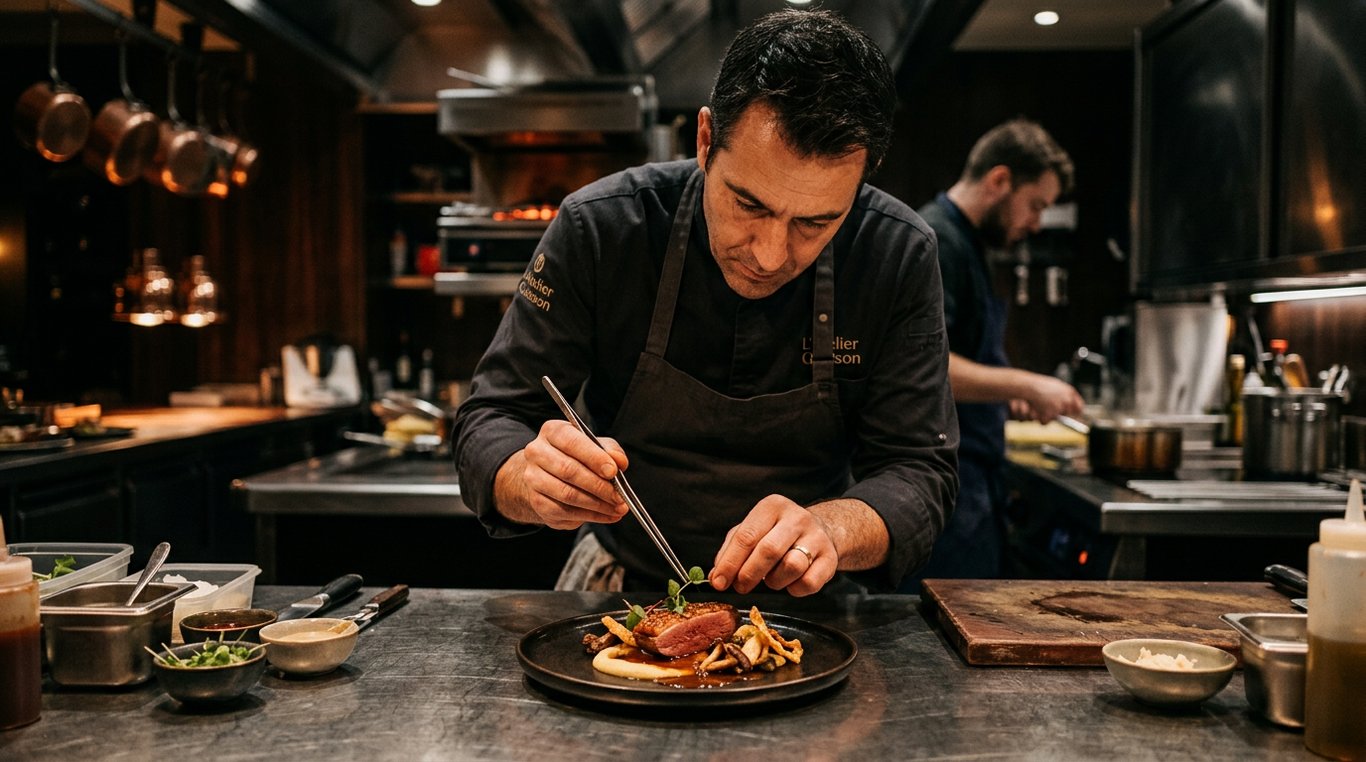 Chef en action préparant un plat raffiné