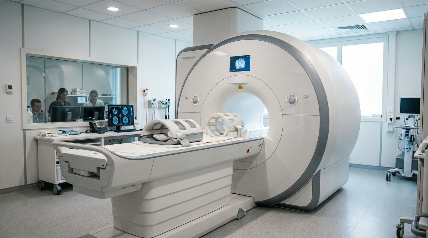 Médecin regardant un écran CRT avec imagerie cérébrale