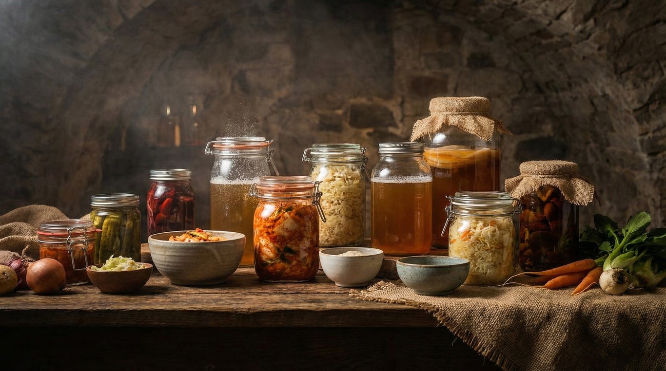 Bocaux en verre alignés contenant divers légumes colorés en fermentation, lumière traversante dorée, esthétique laboratoire culinaire