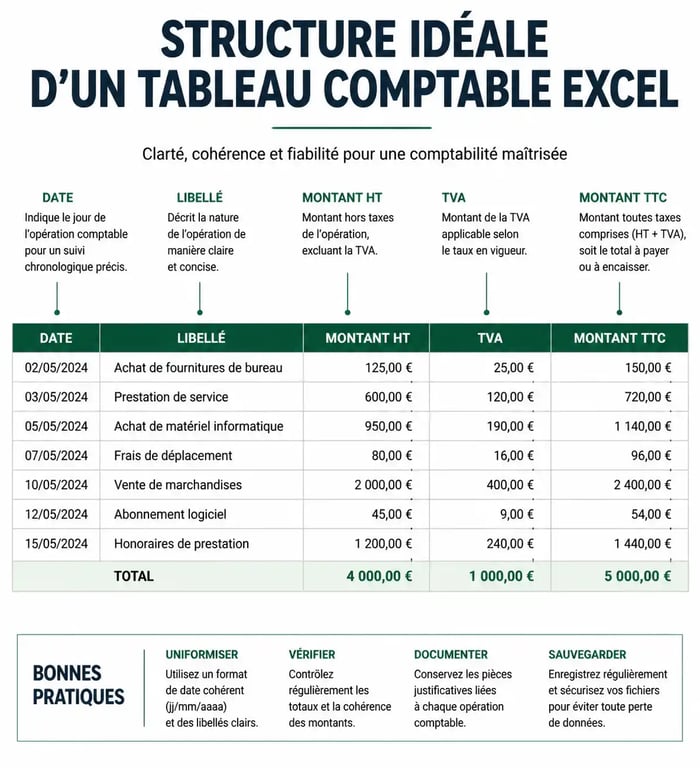 Structure d'un tableau comptable Excel gratuit pour TPE