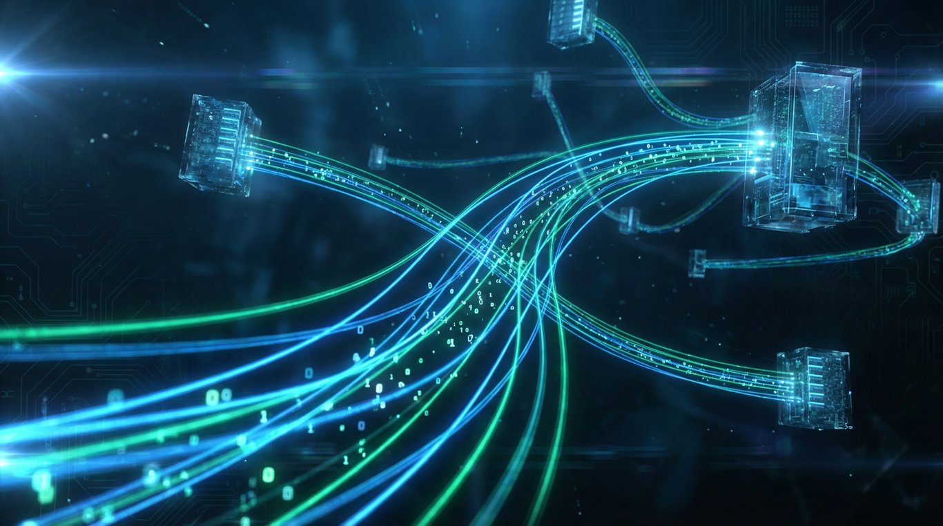 Visualisation 3D de flux de données connectant des serveurs dans un espace cybernétique