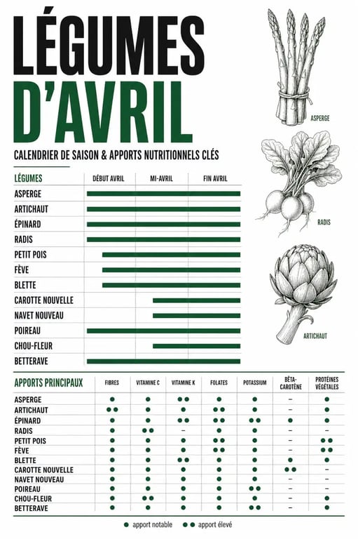 Infographie des légumes de saison en avril et leurs bienfaits nutritionnels