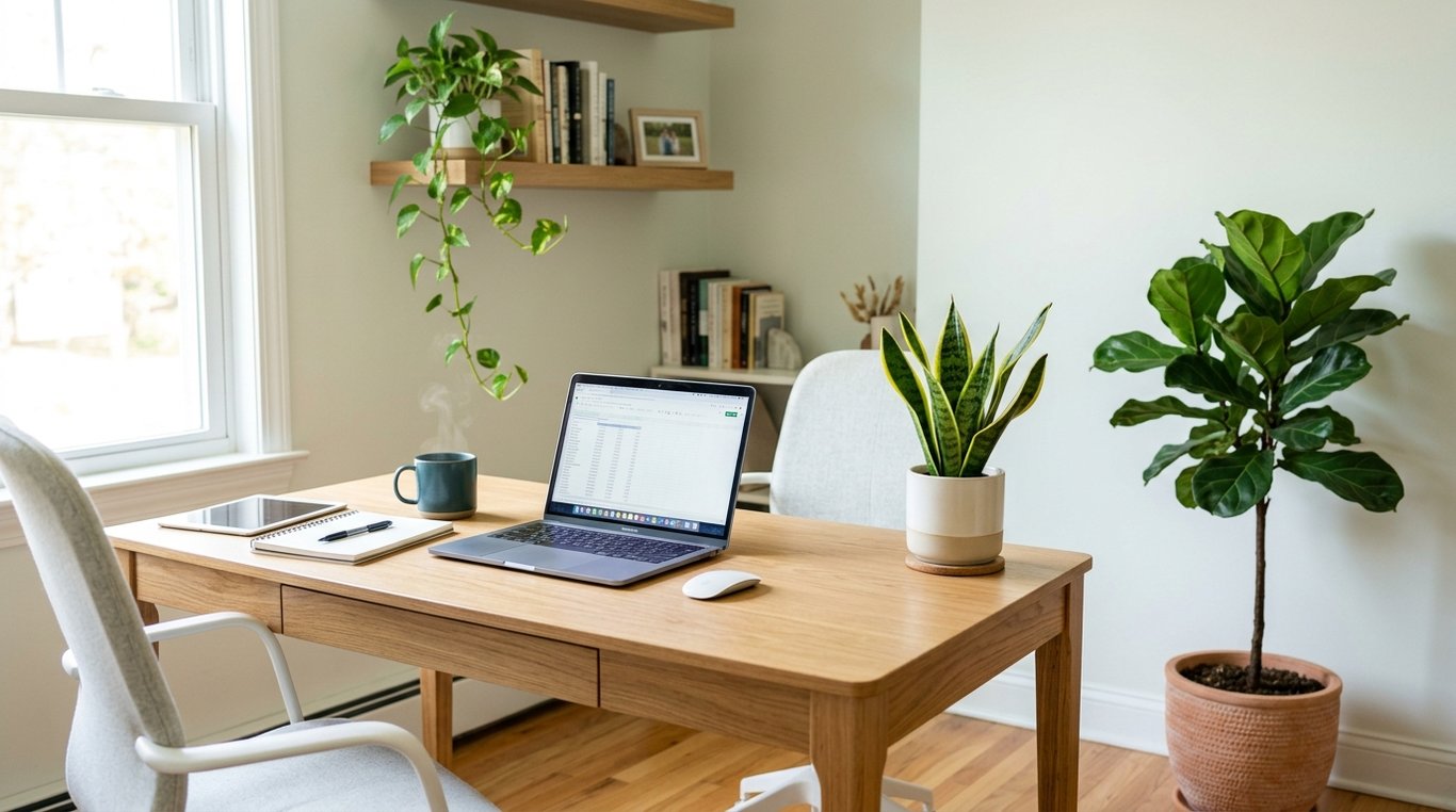 Après : bureau végétalisé avec lumière douce et composition de plantes.