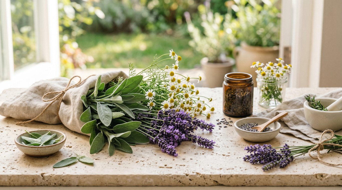 Plantes médicinales fraîches disposées avec élégance