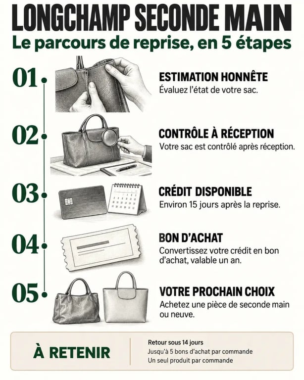 Infographie du parcours Longchamp Seconde Main, de la reprise au bon d’achat