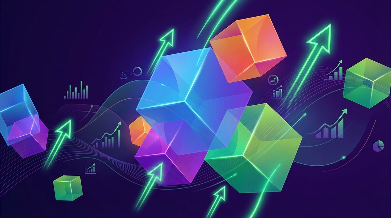 Composition 3D abstraite représentant la croissance explosive du marketing digital