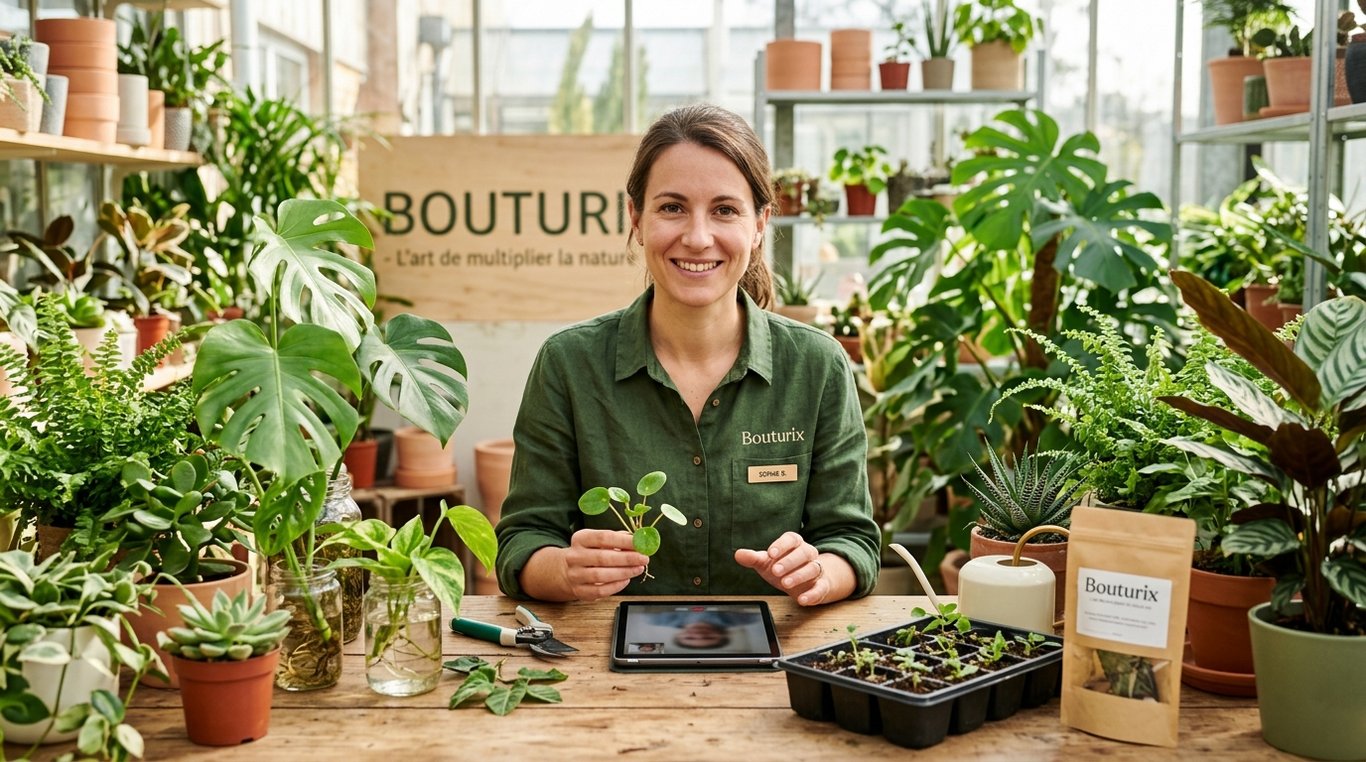 Portrait de Sophie Renard souriante avec un pot de plante