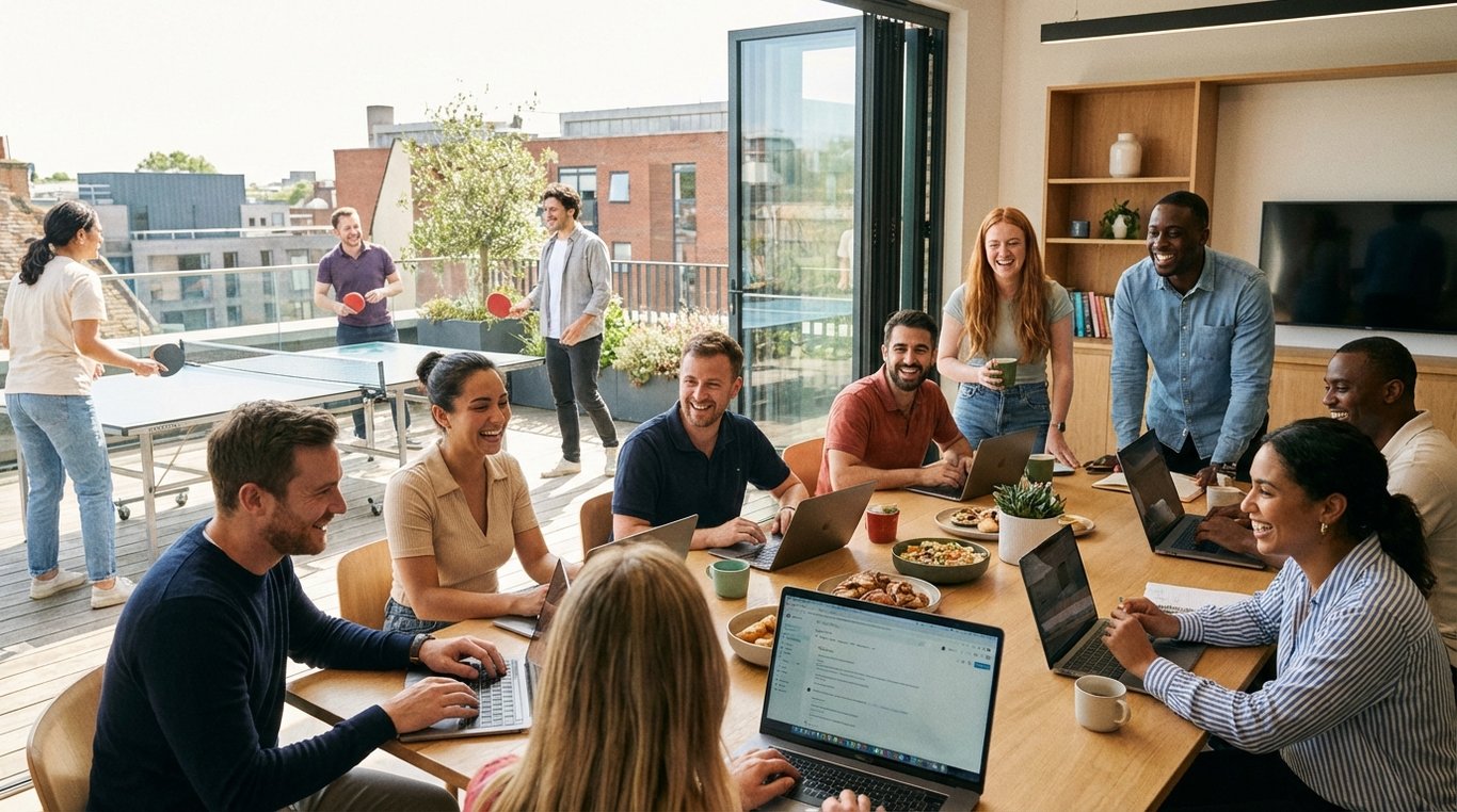 Portrait d'équipe décontracté en extérieur, assis sur une barrière en bois ou dans un champ, sourires naturels, ambiance conviviale