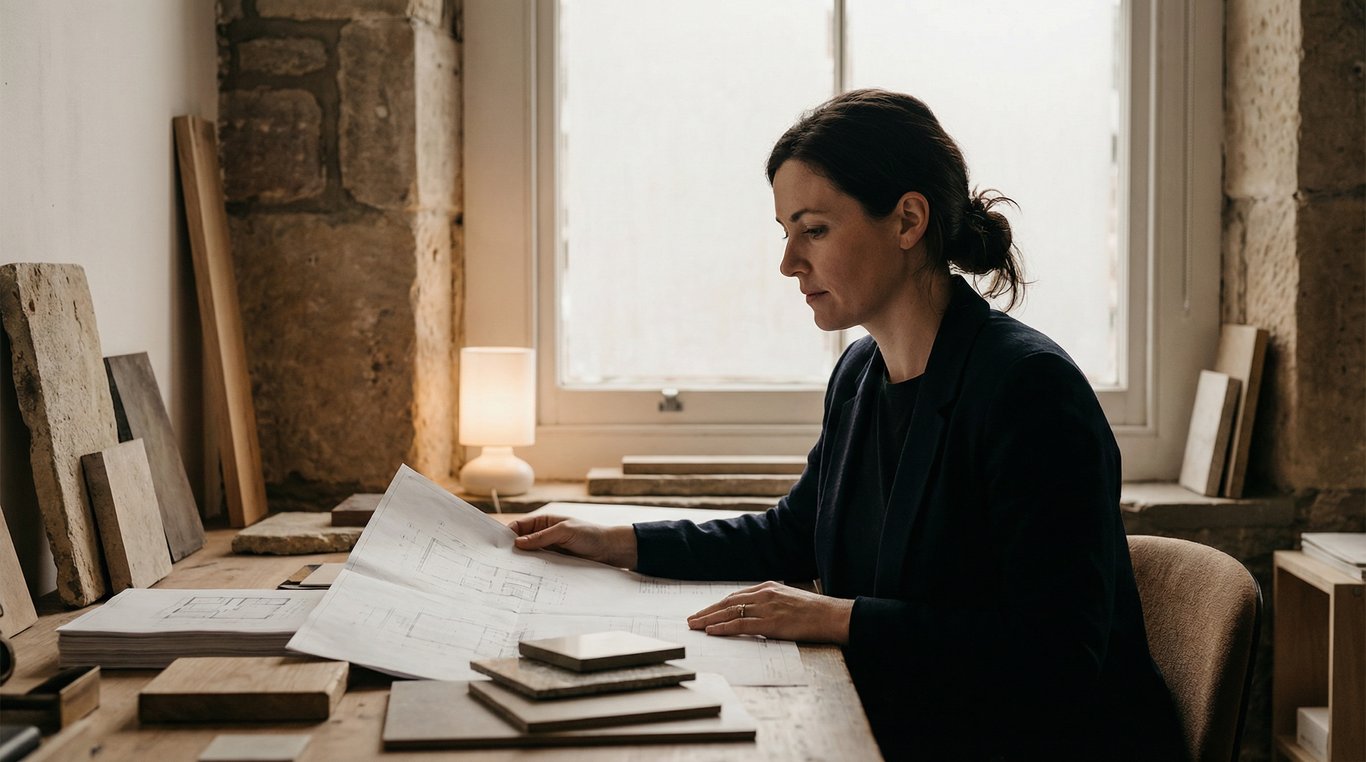 Portrait de Claire Martin, Architecte d'intérieur, silhouette en noir et blanc