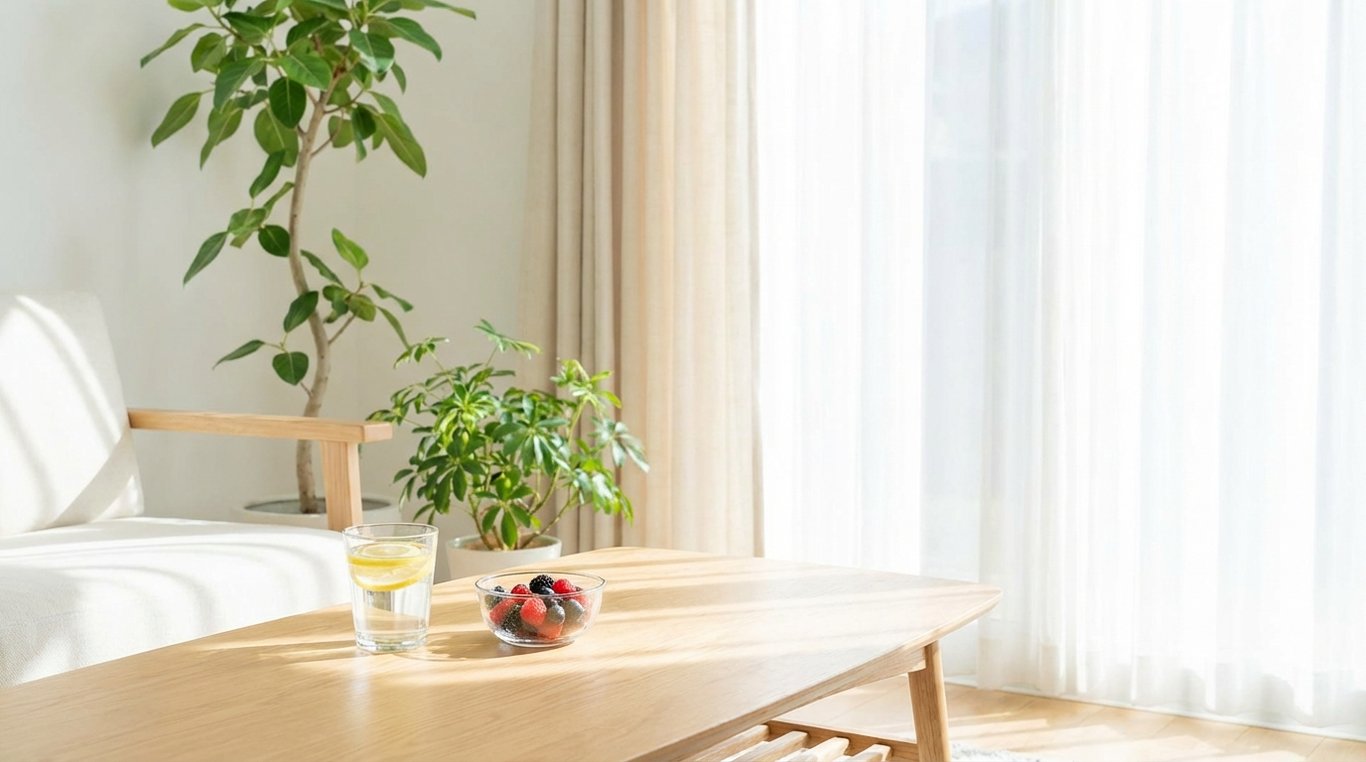 Composition flat-lay d'objets sains : fruits, eau et montre connectée sur fond coloré géométrique