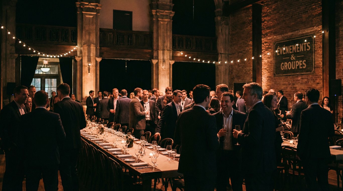 Grande table de banquet dressée dans une cave à vin voûtée en pierre, ambiance élégante et rustique, éclairage tamisé