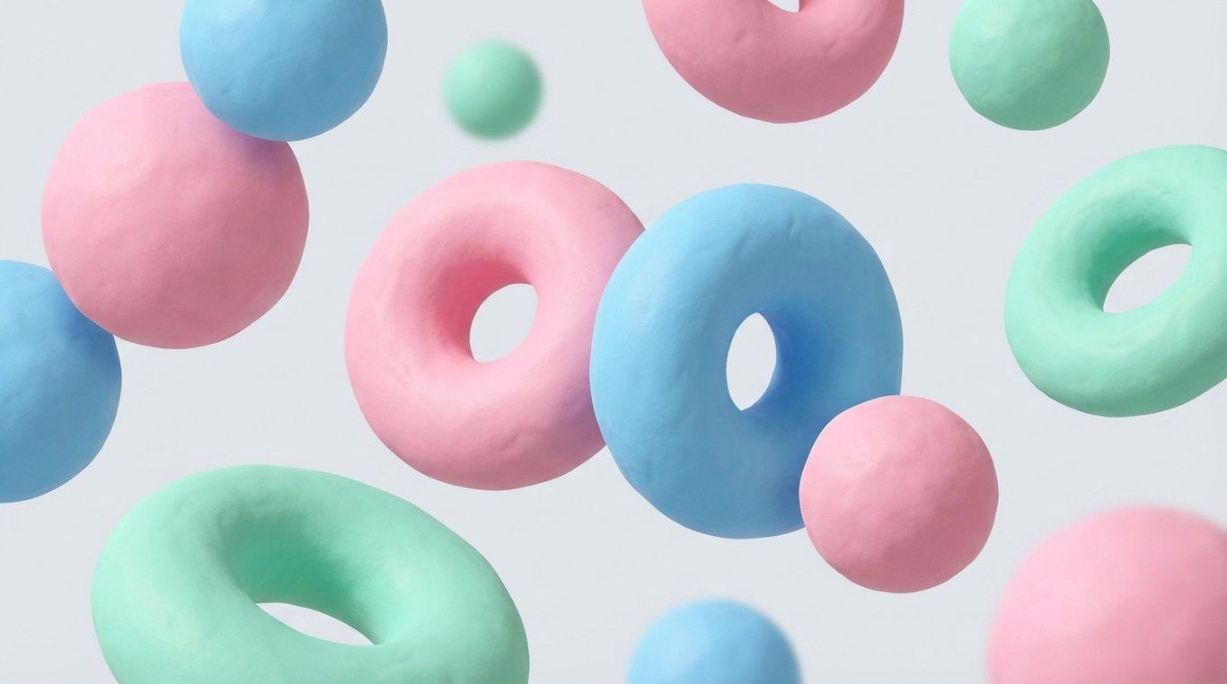 Composition abstraite 3D style soft clay avec formes géométriques pastel