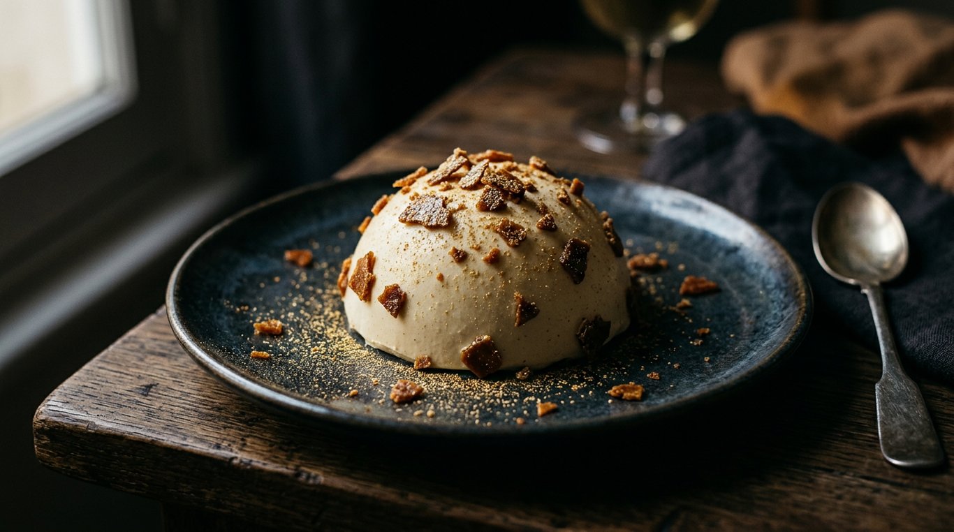 Mousse légère vanille en dôme, éclats de caramel et poudre dorée