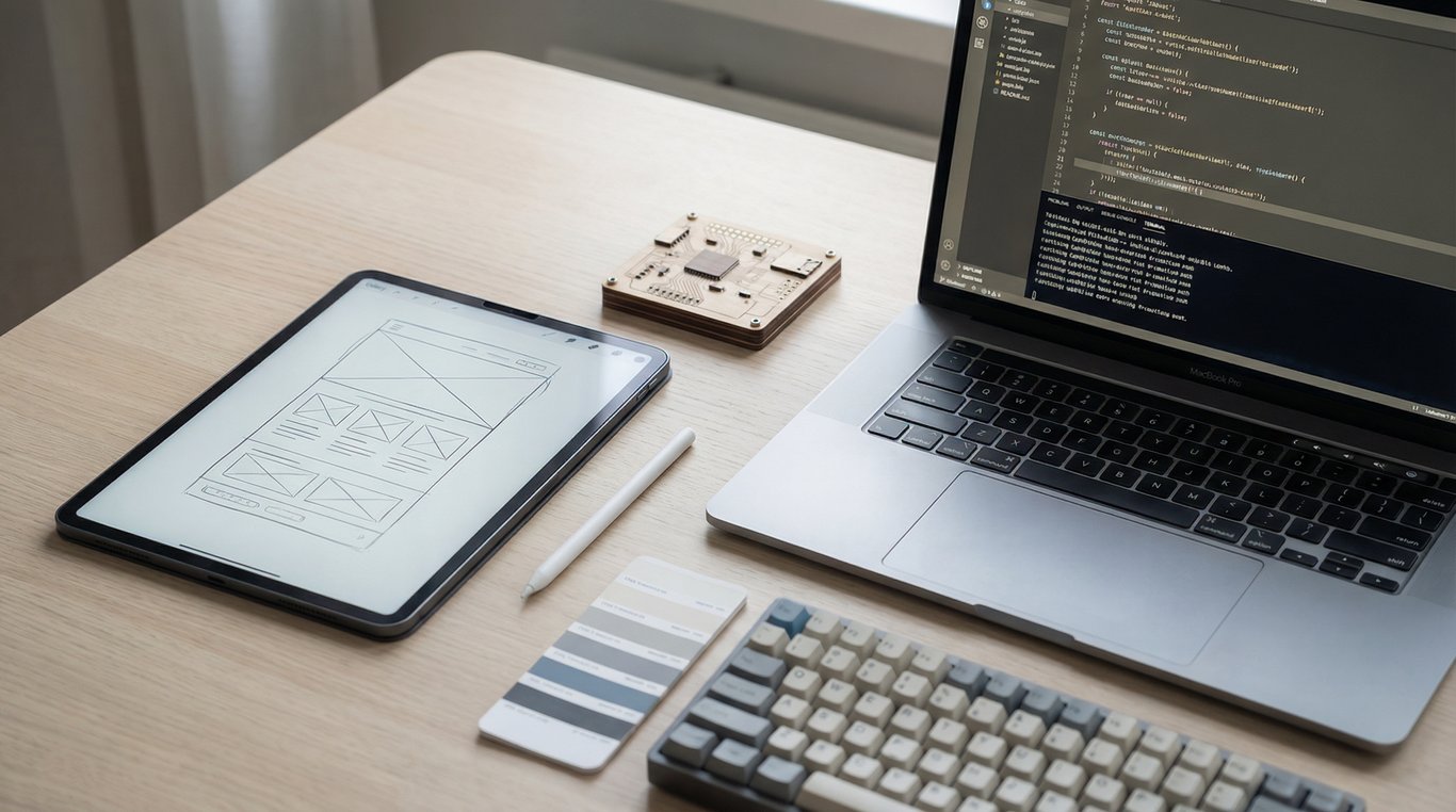Gros plan sur des mains dessinant des wireframes sur une tablette graphique, ambiance studio de design, focus et précision