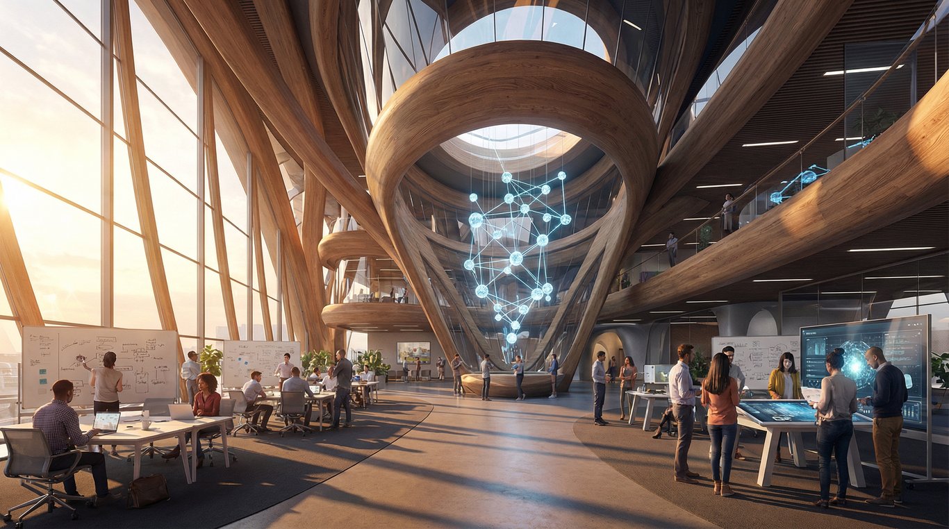 Portrait d'équipe artistique dans un studio sombre, éclairé par des barres LED rouges et bleues