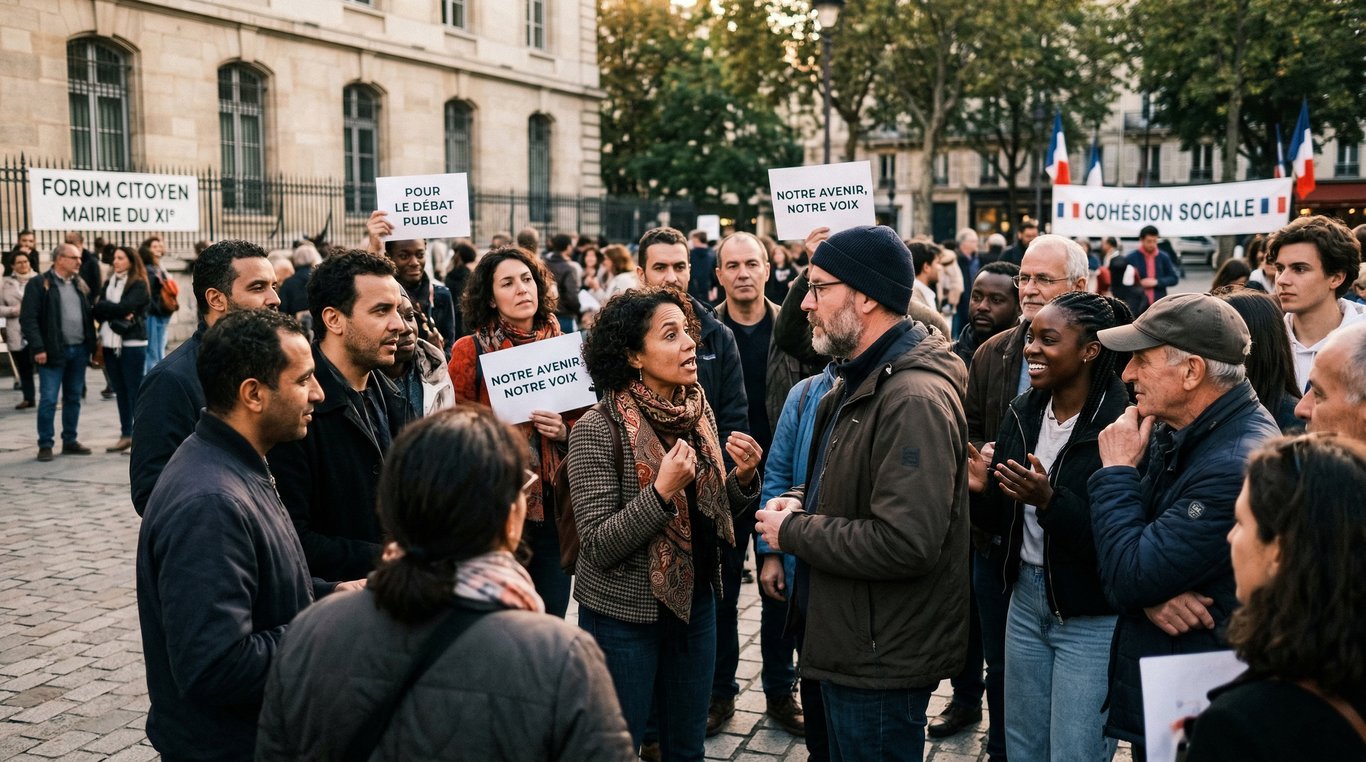 Groupe diversifié de citoyens français engagés dans une discussion publique
