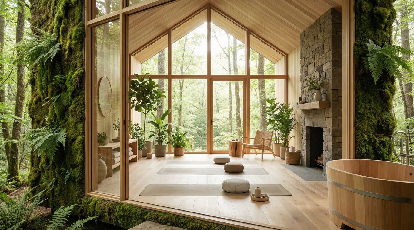 Vue lumineuse du centre EcoHealth en bois et verre au cœur de la forêt