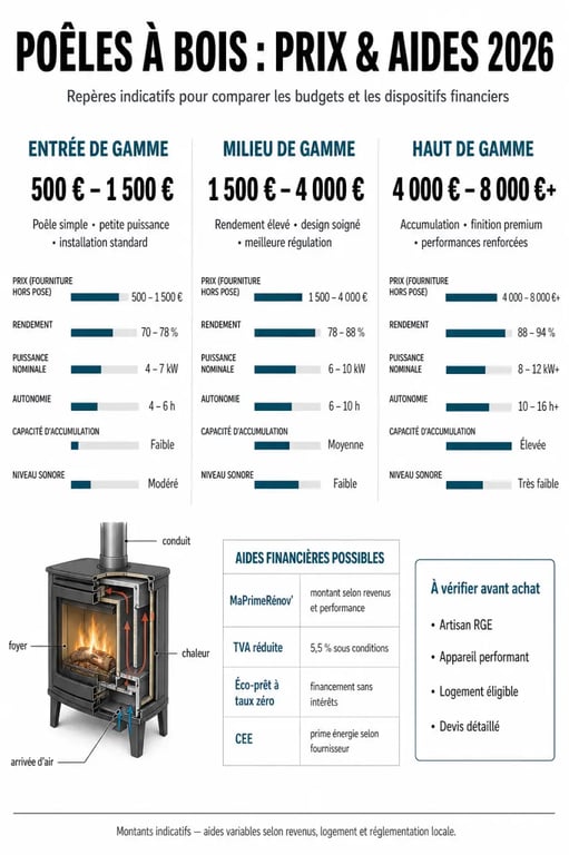 Infographie sur le coût d'un poêle à bois et les aides financières disponibles